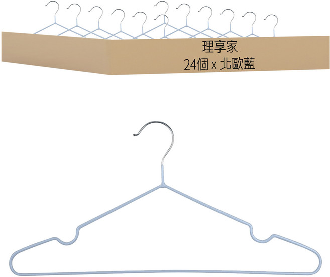理享家 防生鏽金屬耐用衣架/無痕衣架/強力防滑衣架 C5049, 北歐藍, 24個