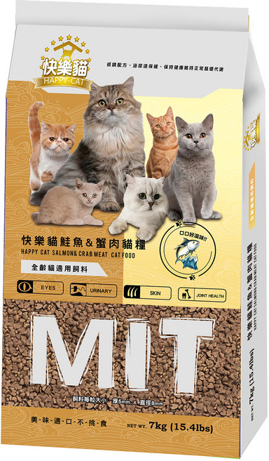HAPPY-CAT 快樂貓 全齡貓用高嗜口貓乾飼料, 7kg, 1個, 鮭魚 + 蟹肉