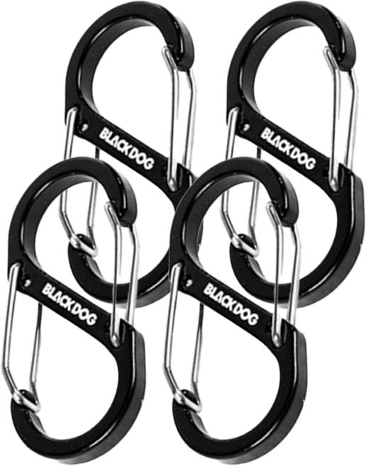 Blackdog S型鋁合金掛勾/S型登山勾環/置物扣快扣/雙頭掛鉤/8字扣/鑰匙圈4件組, 夜幕黑, 1套