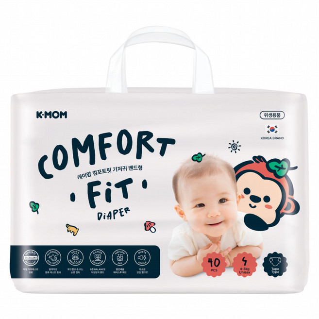 K-MOM COMFORT FIT 雲柔鎖水紙尿布 黏貼型 4~8kg, S, 40片