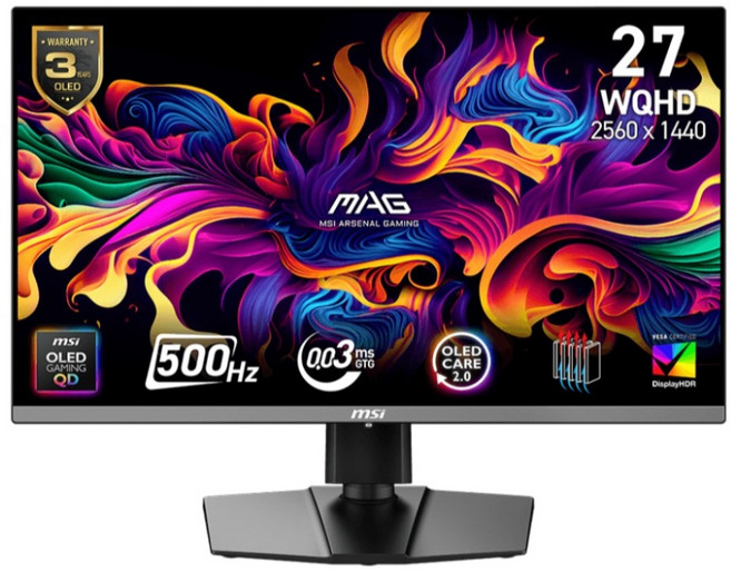 MSI 微星 MAG 26.5" 電競 顯示器 QD-OLED MAG 272QP QD-OLED X50 2K 500Hz 0.03ms 2560 x 1440 3年保固