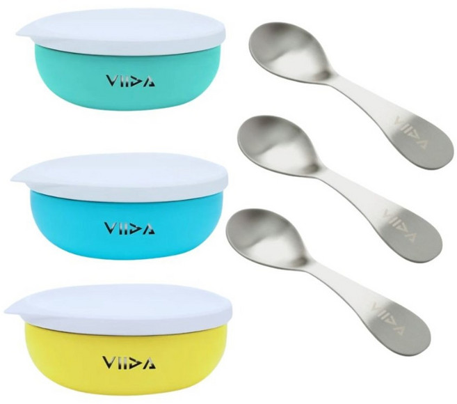 VIIDA 探險家專屬繽紛兒童餐具組, 黃色 + 綠色 + 藍色, 1套, 餐碗 3個 + 湯匙 3個 + 蓋子 3個