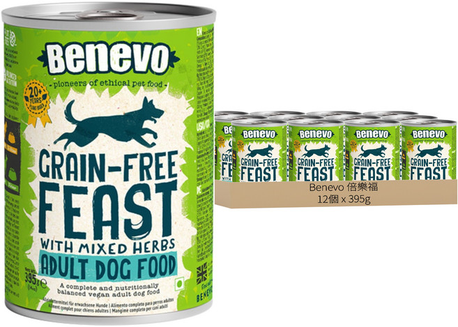 Benevo 倍樂福 英國無穀饗宴蔬菜草本主食犬罐 純素, 395g, 12個, 扁豆