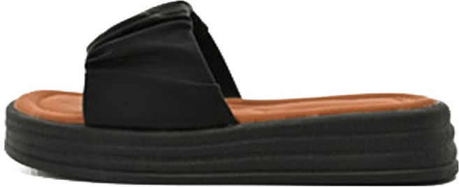GODSHOE 女款一字抓皺厚底拖鞋, 240, 黑色
