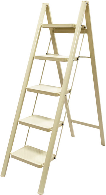 ONE HOUSE 穩固家用登高免組裝碳鋼折疊梯 五階 米白色 OH-K606-C, 1個