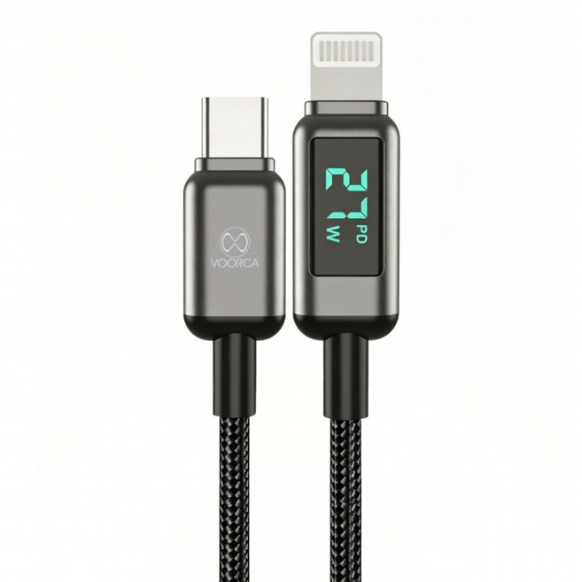 VOORCA 雅現鋅合金數顯充電傳輸線 USB-C-Lightining, 黑色, 1條, 120cm