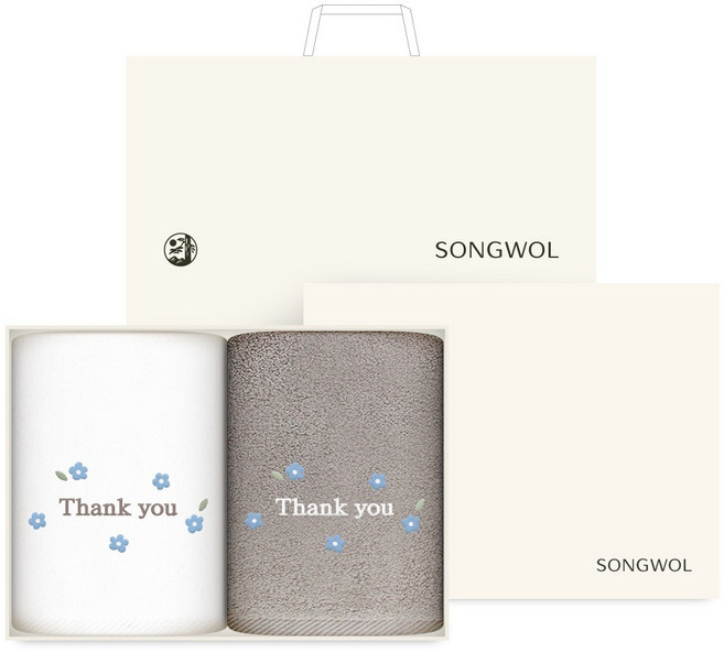 Songwol 松月 Thank You 藍色雛菊感謝飯店毛巾 150g 30支棉紗 2入禮盒組 + 提袋, 象牙白, 淺棕色(毛巾), 1套