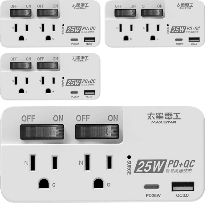 MAX STAR 太星電工 25W PD + QC 2開2插壁插轉接器 AET2523 4個, 白色, 1套