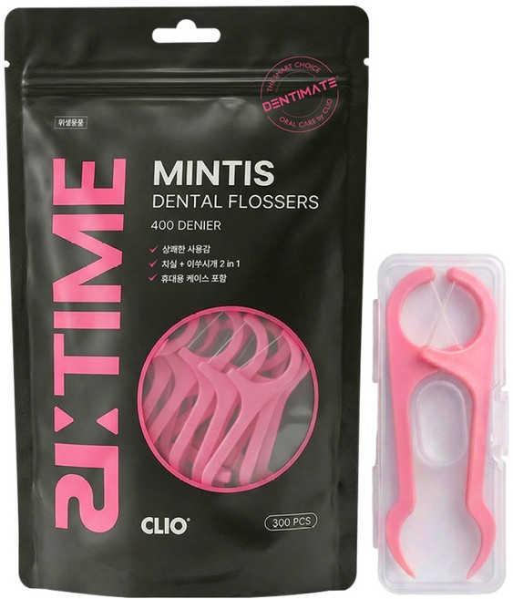 CLIO Dentimate Re-time Mintis 木糖醇一次性牙線 8cm 300入 + 便攜盒套裝, 1套, 300PCS
