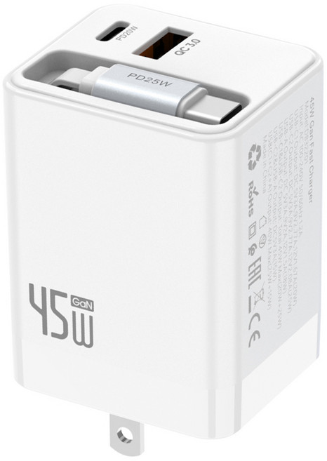 DTAudio CHRE 45W 3-Port 伸縮 快充頭 充電器 PD QC 3.0 GaN 白色