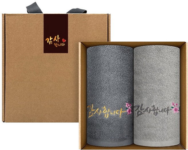 Songwol 松月 感謝 刺繡 健康 節日 七十大壽 八十大壽 結婚 弔唁回禮 毛巾 150g x 2款 + 貼紙 禮盒組, 淺灰色, 灰色(毛巾), 1套