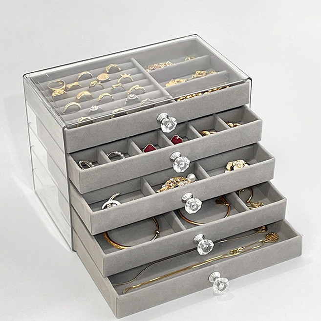 Full-Covered 水晶5層絲絨抽屜收納展示大容量半格飾品整理盒, 灰色, 1個