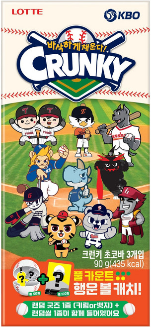 LOTTE 樂天 Crunky KBO 巧克力棒 30g x 3入 + 週邊商品隨機出貨 + 貼紙隨機出貨組合, 1套, 90g