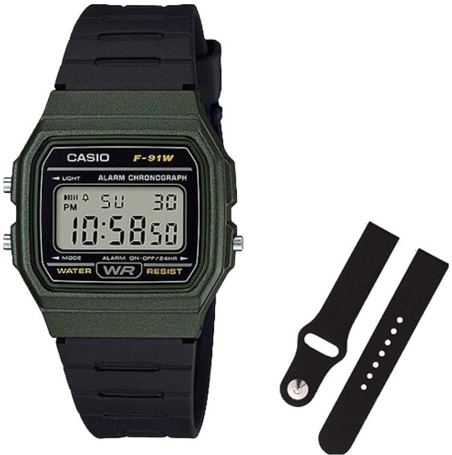 CASIO 卡西歐 復古電子錶 + 矽膠錶帶組 F-91WM-3A