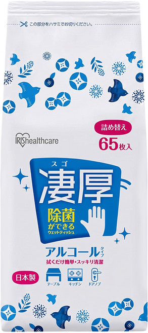 IRIS OHYAMA 愛麗思歐雅瑪 除菌極厚濕紙巾酒精型補充包 WTT-65A 65張, 1套, 1個裝, 5g