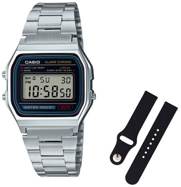 CASIO 卡西歐 復古金屬電子錶 + 矽膠錶帶套組 A158WA-1D
