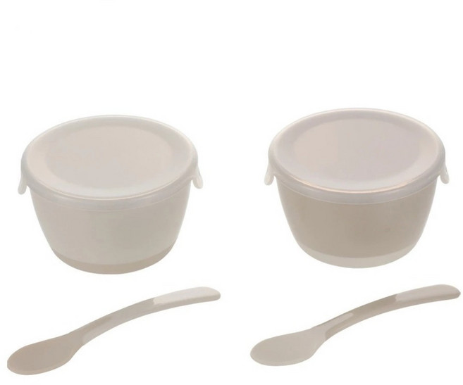 Richell 利其爾 T.L.I 副食品餵食扣蓋小碗缽 + 透明蓋2件組 附匙, 米色 + 淺咖啡色, 1個