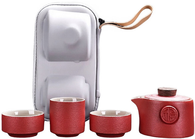 Hesii 旅行茶具隨行泡茶杯壺組, 威尼斯紅, 1套, 茶壺 170ml + 茶杯 75ml + 茶杯 65ml 2個 + 收納包