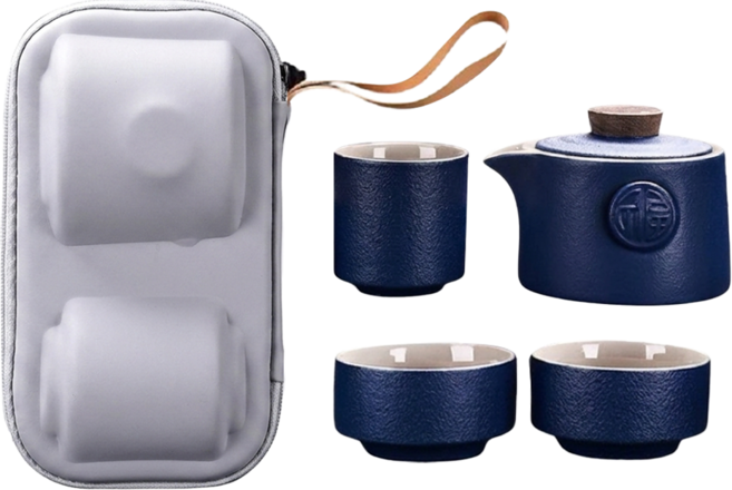 Hesii 旅行茶具組, 寶石藍, 1套, 茶壺 + 品茗杯 2個 + 主人杯 + 茶具收納包