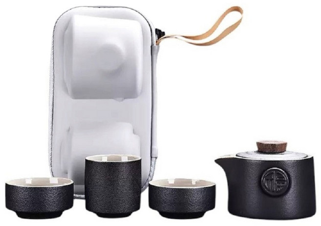 Hesii 旅行茶具隨行泡茶杯壺組, 禪黑風, 1套, 茶壺 170ml + 茶杯 75ml + 茶杯 65ml 2個 + 收納包