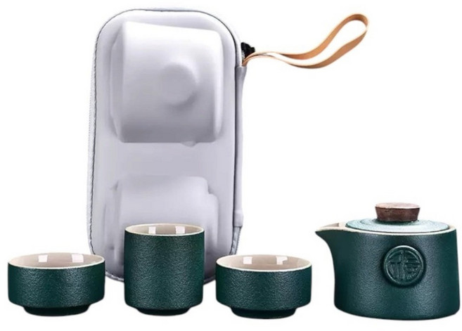 Hesii 旅行茶具組, 墨綠色, 1套, 茶壺 + 品茗杯 2個 + 主人杯 + 茶具收納包