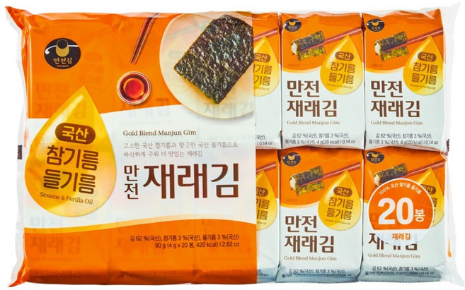 MANJUN 韓國產芝麻油紫蘇油傳統海苔, 4g, 20個