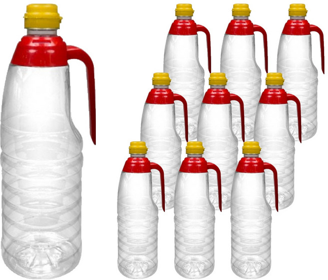協具 醬油 魚露 附把手 PET瓶 紅色 1L + 黃色瓶蓋組, 10套
