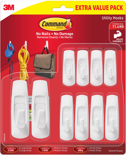 3M Command 無痕 多用途掛鉤 小型 4入 + 中型 4入 + 大型 2入 + 膠帶 15入 套組 17008EXVP, 白色, 1套