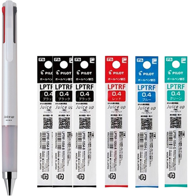 PILOT 百樂 Juice up 4色原子筆 0.4mm + 筆芯 6入組, 白色(筆), 黑色, 紅色, 綠色(筆芯), 1套