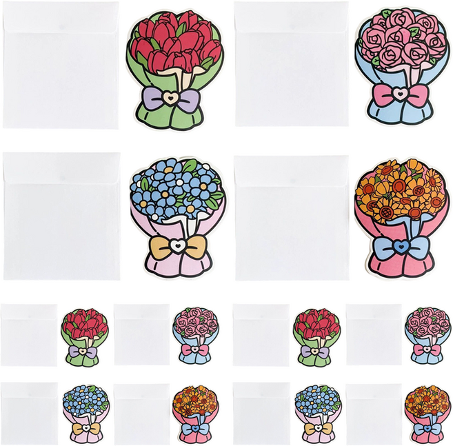 KHOKURI 花束造型感謝卡 4款 x 3張 + 信封 12個 套組 6W0249, 1套, 混合色