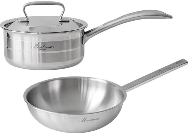 Montreux 電磁爐用全五層316單柄鍋 16cm + 不鏽鋼中式炒鍋 24cm 套組, 銀色, 1套, 單柄鍋 + 中式炒鍋