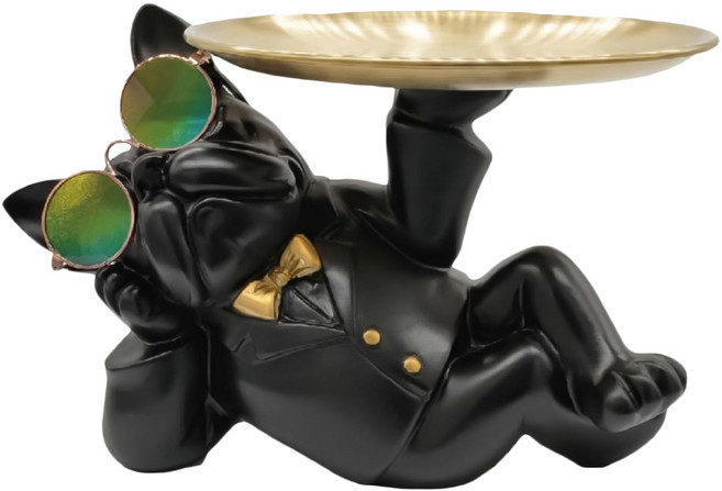MODACore 摩達客 開運招財帥氣墨鏡狗法鬥牛犬頂托盤聚寶盆糖果收納擺飾, 黑金色