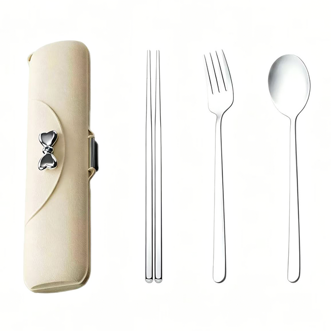 DeLi Life 德利生活 蝴蝶結不鏽鋼餐具 攜帶式卡扣靜音, 奶油白色, 1套, 外盒 + 筷子 + 叉子 + 湯匙