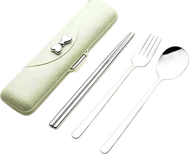DeLi Life 德利生活 蝴蝶結不鏽鋼餐具, 牛油果綠色, 1套, 筷子 + 湯匙 + 叉子 + 外盒