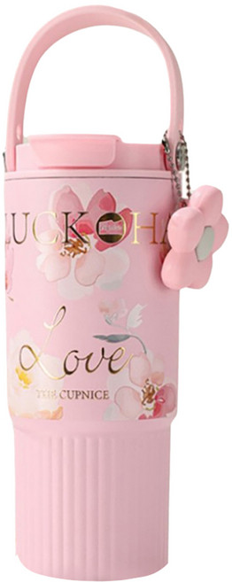 THE CUPNICE 繁花手提陶瓷覆層咖啡杯 大容量雙飲保溫杯 泡茶杯 保溫保冷 馬克杯, 粉色, 1個, 800ml