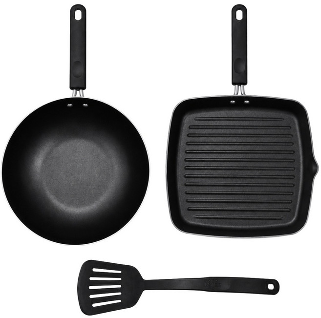 MEYER 美亞 萬用不沾鍋3件組 電磁爐適用, 黑色, 1套, 小炒鍋 22cm + 方形烤盤 24cm + 瀝油鍋鏟 30cm