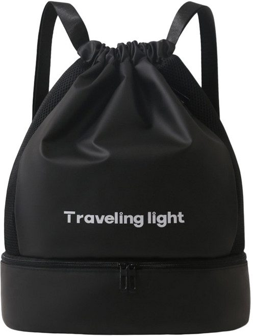 Traveling light 乾濕分離健身包/游泳瑜伽雙肩包/抽繩收納包/沙灘防水旅行包, 純黑色, 1個