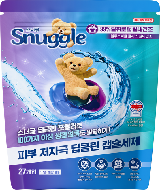 Snuggle 熊寶貝 深層潔淨膠囊洗衣精 藍色火花Plus 室內晾乾, 27入, 405g, 1個