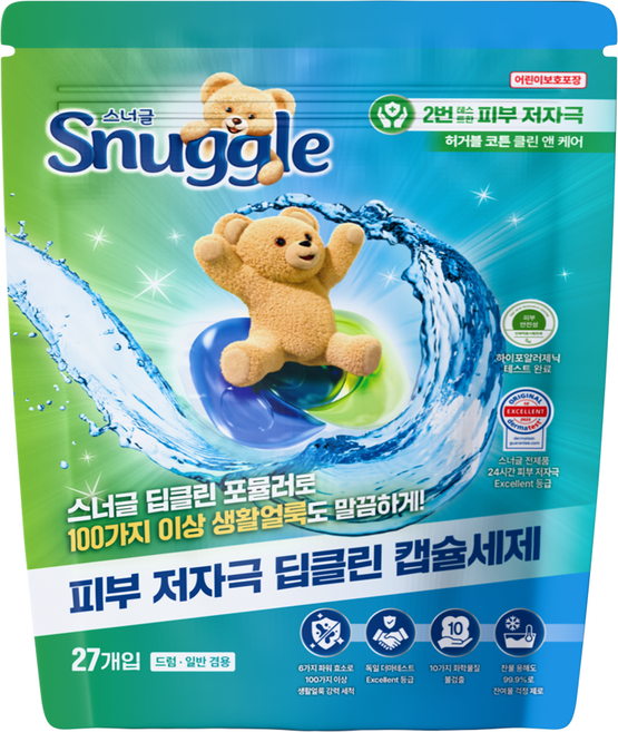 Snuggle 熊寶貝 深層清潔膠囊洗衣精 Huggable 潔淨棉花護理, 27入, 1個