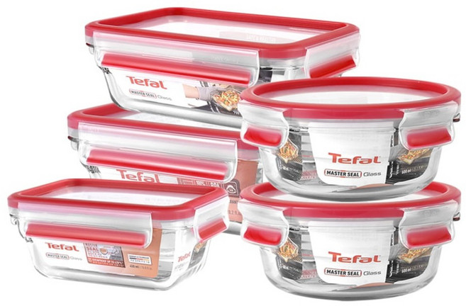Tefal 特福 新一代無縫膠圈耐熱玻璃保鮮盒, 1套, 保鮮盒(450ml + 600ml 2個 + 700ml + 800ml) + 蓋子 5個