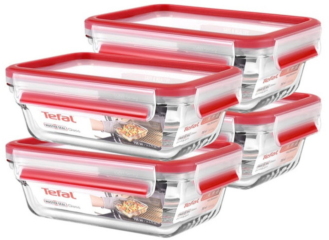 Tefal 特福 新一代無縫膠圈耐熱玻璃保鮮盒, 1套, 保鮮盒 700ml 4個 + 蓋子 4個
