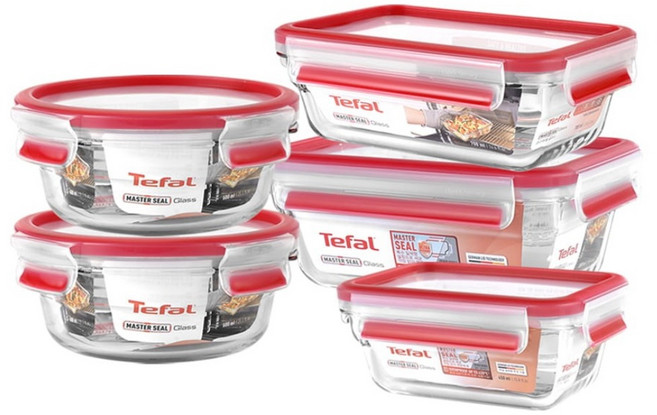 Tefal 特福 新一代無縫膠圈耐熱玻璃保鮮盒, 1套, 保鮮盒(450ml + 600ml 2個 + 700ml + 850ml) + 蓋子 5個