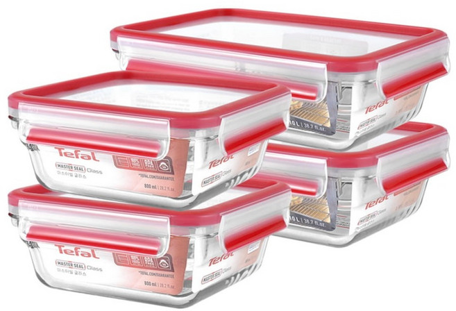 Tefal 特福 新一代無縫膠圈耐熱玻璃保鮮盒, 1套, 保鮮盒(800ml 2個 + 1.1L 2個) + 蓋子 4個