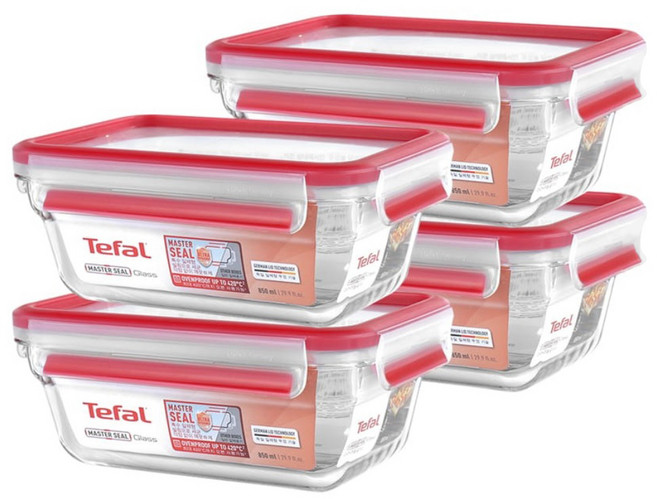 Tefal 特福 新一代無縫膠圈耐熱玻璃保鮮盒, 1套, 保鮮盒 850ml 4個 + 蓋子 4個