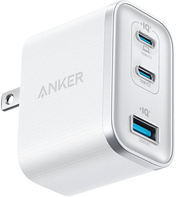 ANKER 70W GaN 3孔快充充電器 A121A, 白色, 1個