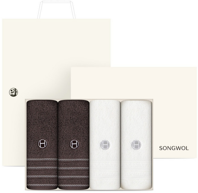Songwol 松月 New Rian 飯店毛巾 190g 40支 精梳棉 棕色 2入 + 象牙白 2入 禮盒組 + 提袋, 棕色, 象牙白, 1套