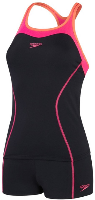speedo 女款運動兩件式平口泳裝 SD810400B344, 黑色 + 電氣粉