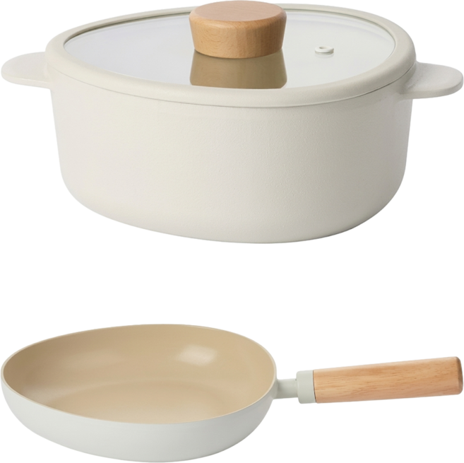 NEOFLAM FIKA Apex系列 陶瓷塗層套組 韓國製, 陶瓷白 + 原木色, 1套, 淺湯鍋 20cm + 湯鍋蓋 + 平底鍋 24cm