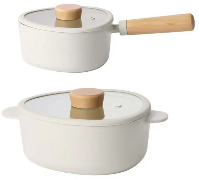 NEOFLAM 韓國製FIKA Apex系列陶瓷塗層2鍋組, 陶瓷白 + 原木, 1套, 單柄湯鍋18cm + 雙耳湯鍋20cm