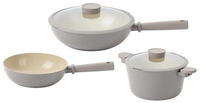 NEOFLAM IH爐適用 SACA 陶瓷塗層鍋具組, 淺灰色, 1套, 雙耳湯鍋24cm + 湯鍋蓋24cm + 炒鍋24cm + 炒鍋30cm + 炒鍋蓋30cm